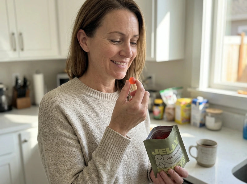 Woman holding Belly Jellys DGL gummies