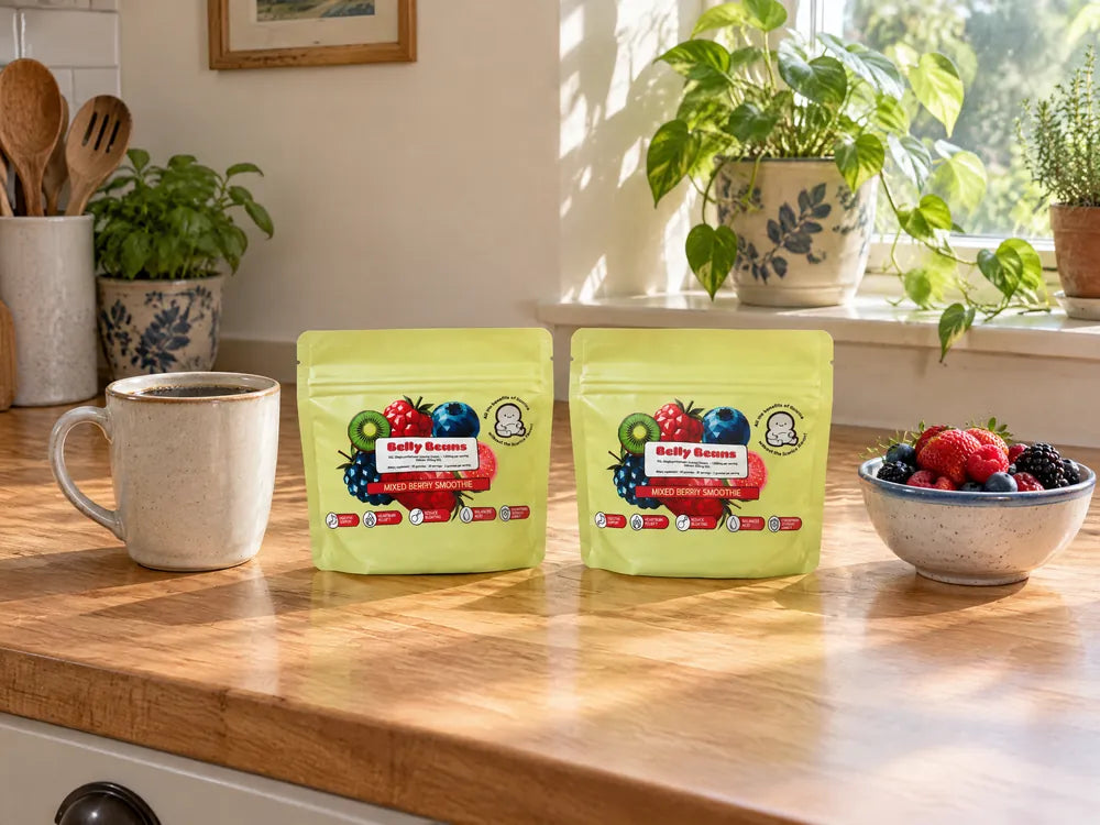 Two Belly Beans pouches beside a coffee mug and a bowl of berries on a kitchen counter