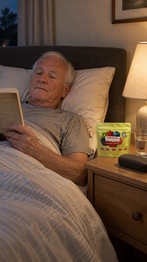 Man in his seventies reading in bed, lying flat on one pillow, a Belly Beans pouch on the nightstand