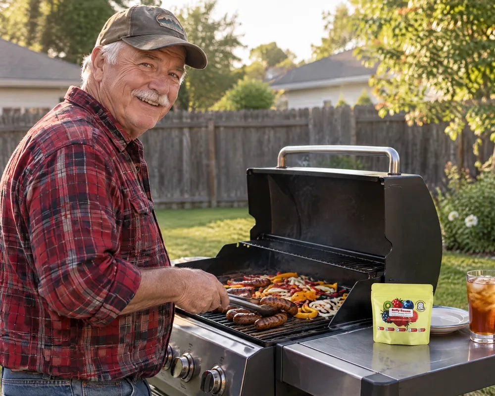 Man in his late sixties grilling sausages, peppers and onions, a Belly Beans pouch on the grill shelf