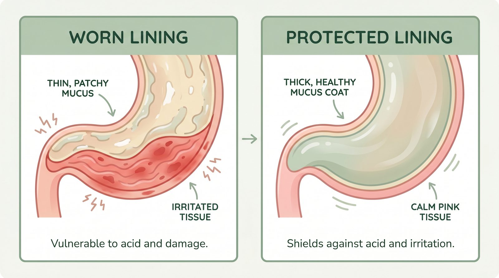 A worn stomach lining compared with a protected lining