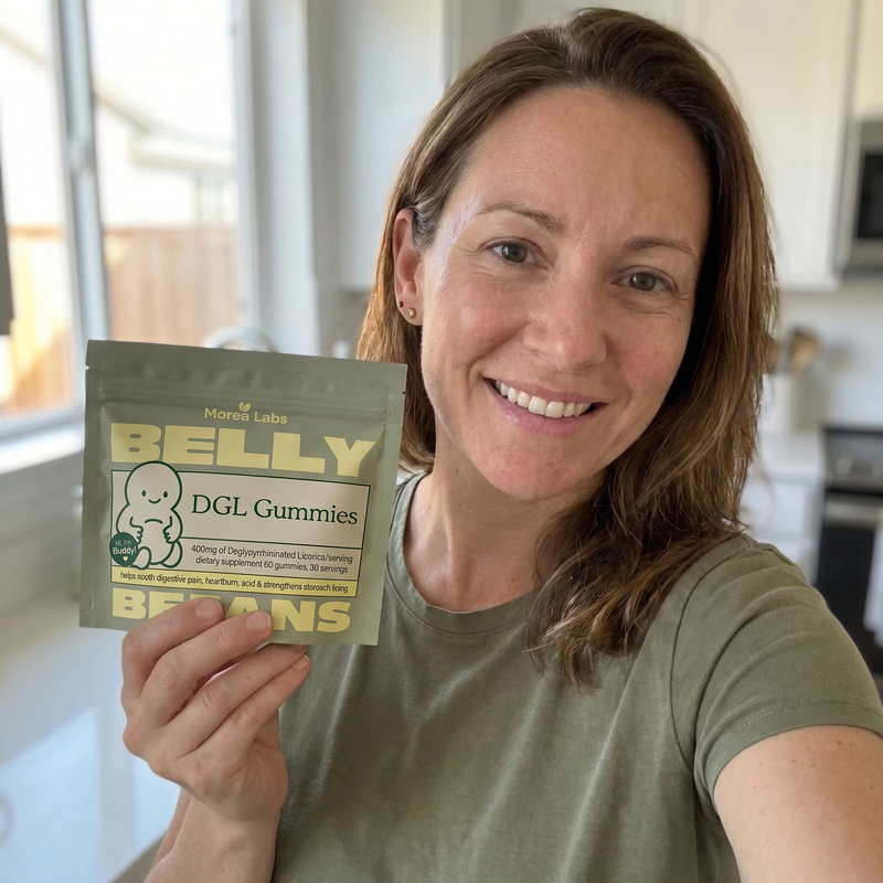 Woman holding Belly Beans DGL gummies
