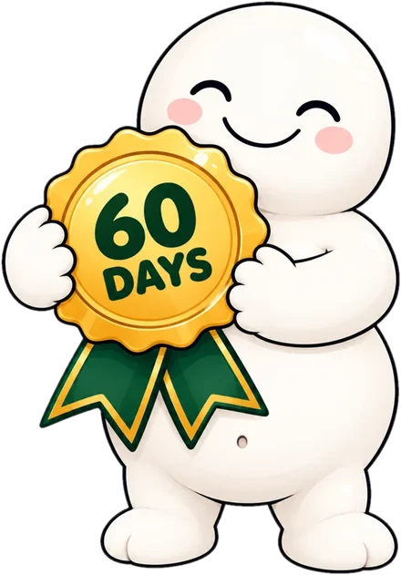 Buddy holding a 60-day money-back guarantee seal