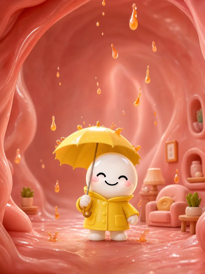 Buddy, the Belly Beans gummy, in a yellow raincoat inside a cartoon stomach, acid bouncing off his umbrella