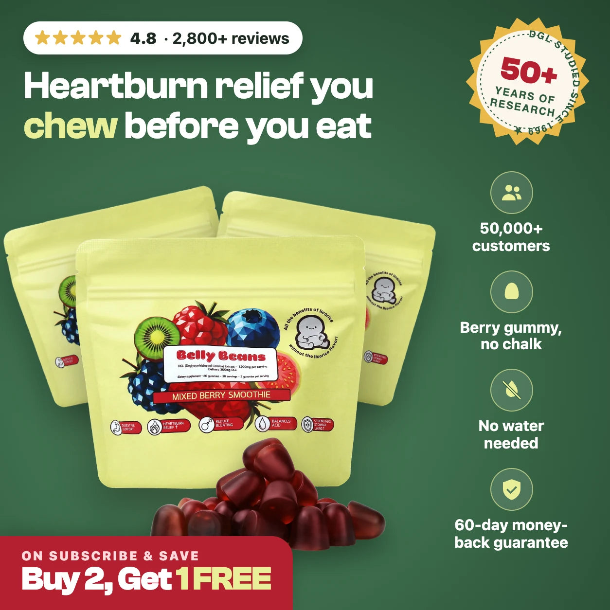 Belly Beans berry-flavored DGL gummies in the new Mollara Labs pouch