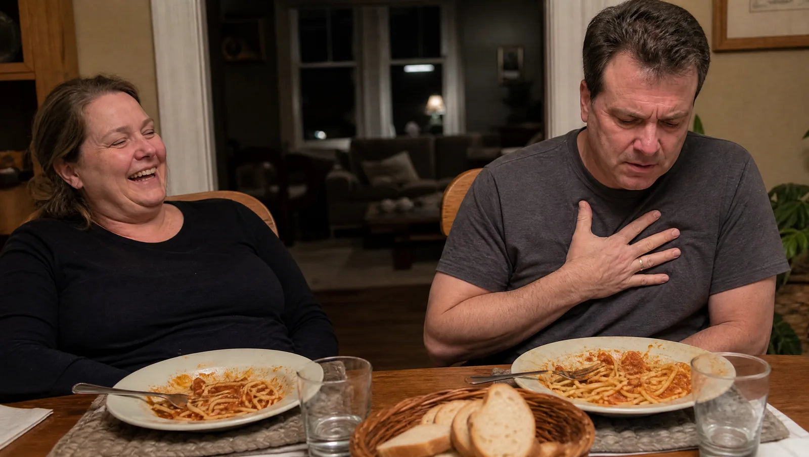 Two people at the same dinner, one relaxed and one pressing a hand to their chest