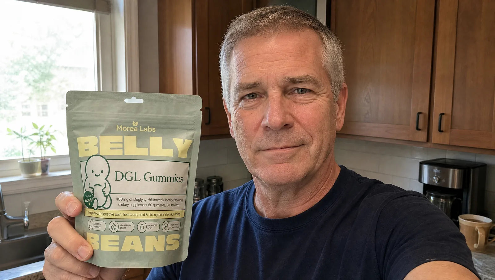 Man in his fifties holding Belly Beans DGL gummies in his kitchen