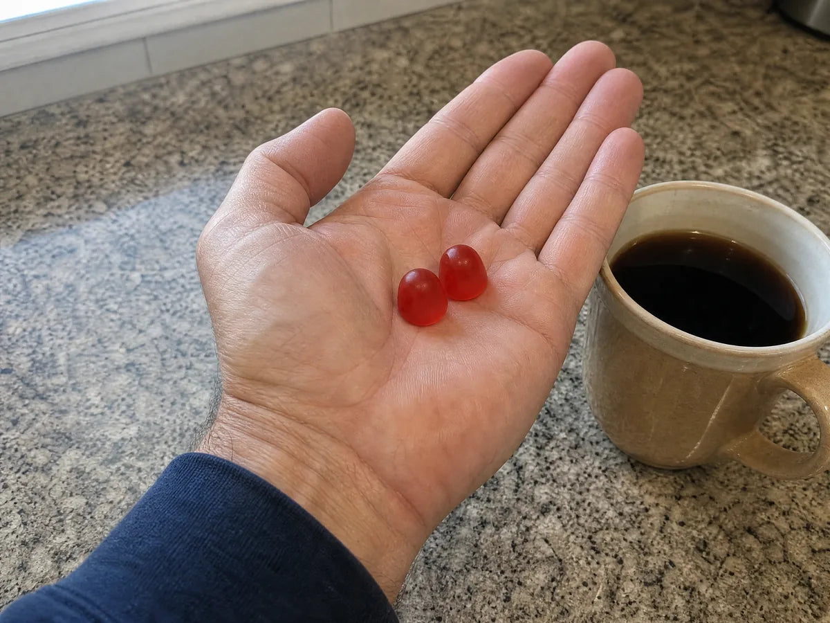 A man's open hand holding two red berry gummies at the kitchen counter