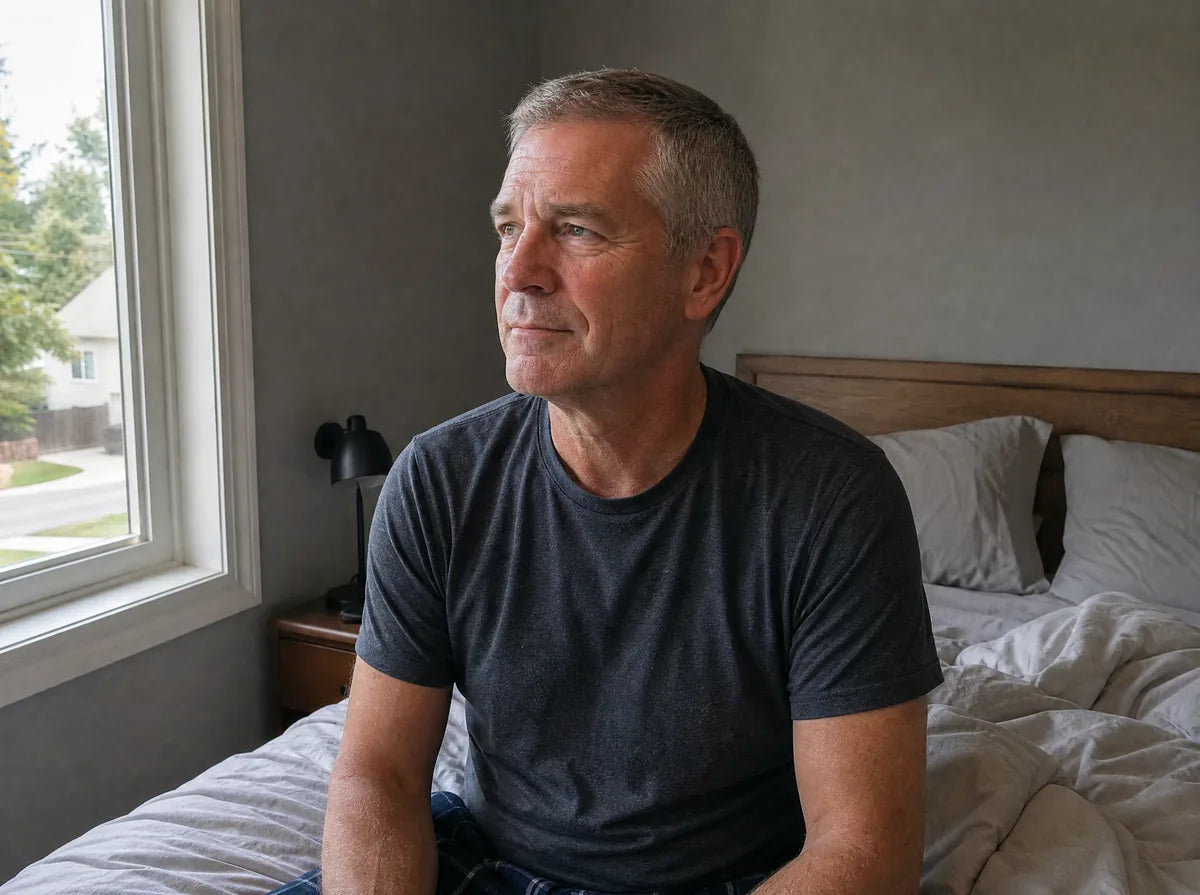 Man in his fifties sitting on the edge of his bed, rested in the morning light