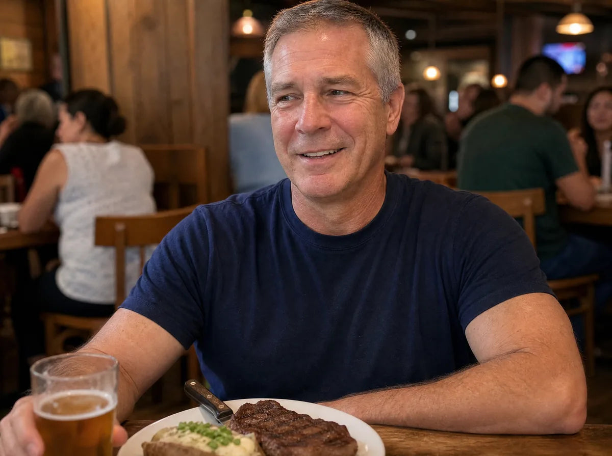 Man in his fifties eating a steak dinner out with a beer, relaxed