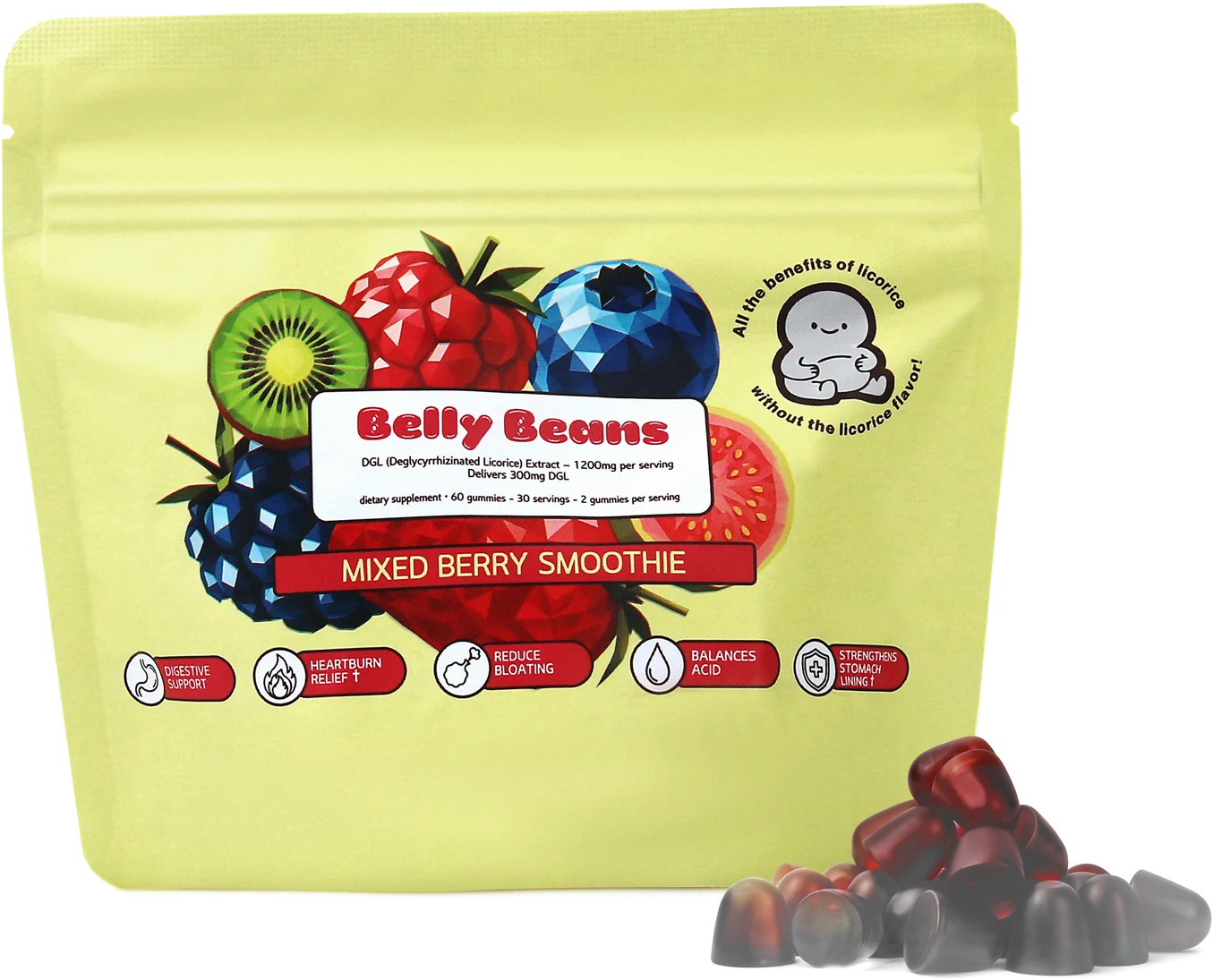 Belly Beans Mixed Berry Smoothie DGL gummies pouch with gummies