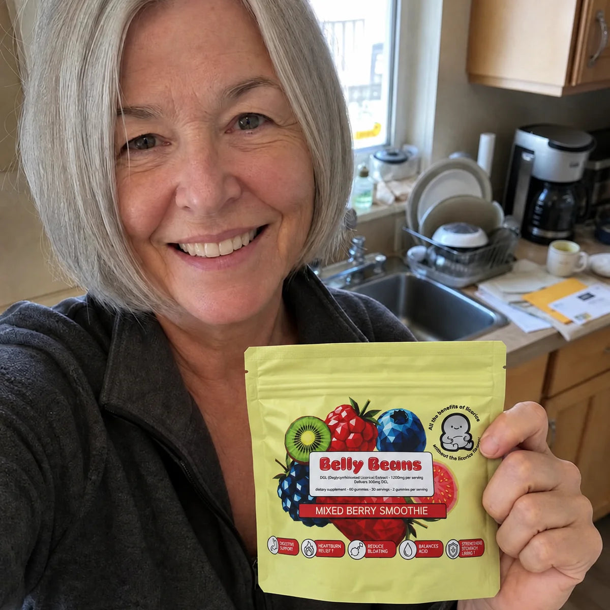 Woman in her kitchen holding a pouch of Belly Beans Mixed Berry Smoothie DGL gummies