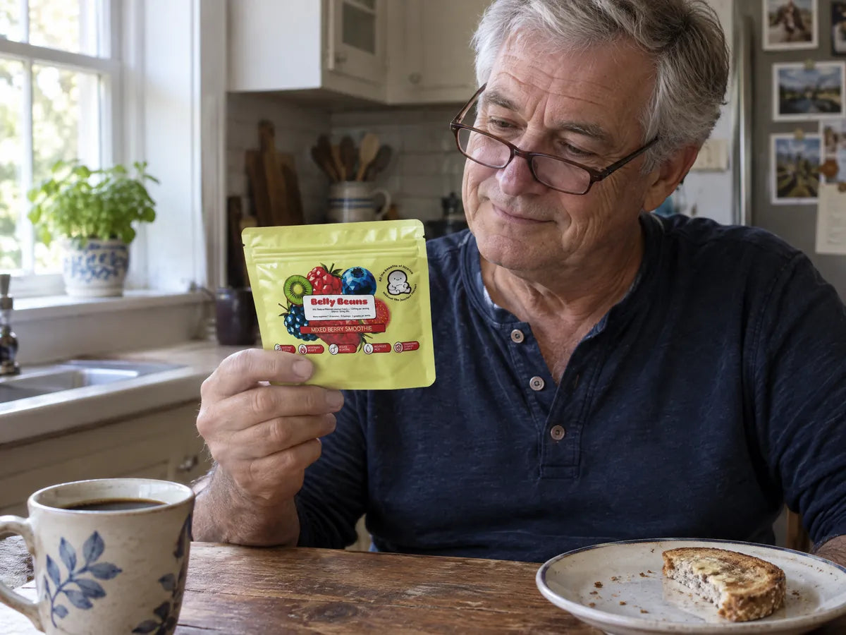 Man in his sixties at the kitchen table with his morning coffee, holding a pouch of Belly Beans