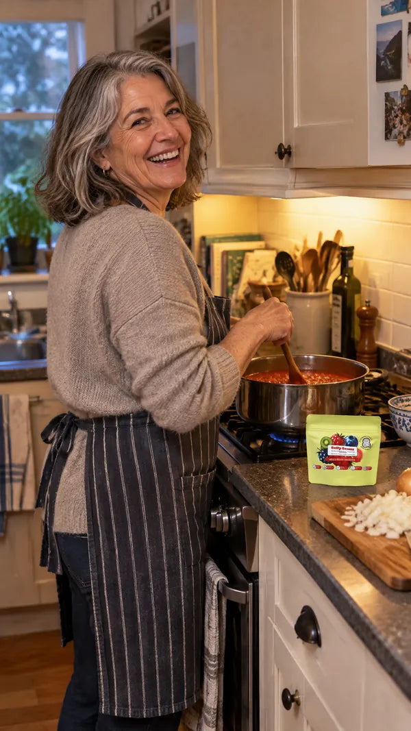 Woman in her sixties cooking tomato sauce, a Belly Beans pouch on the counter beside her