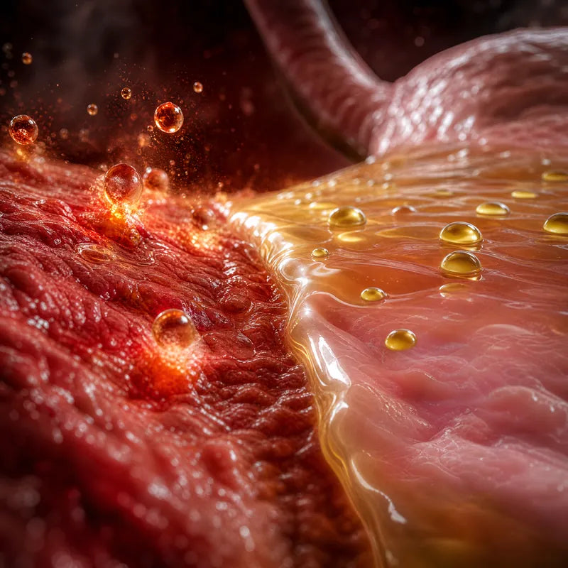 Close-up illustration of a protective layer on the digestive lining with acid droplets beading on top of it