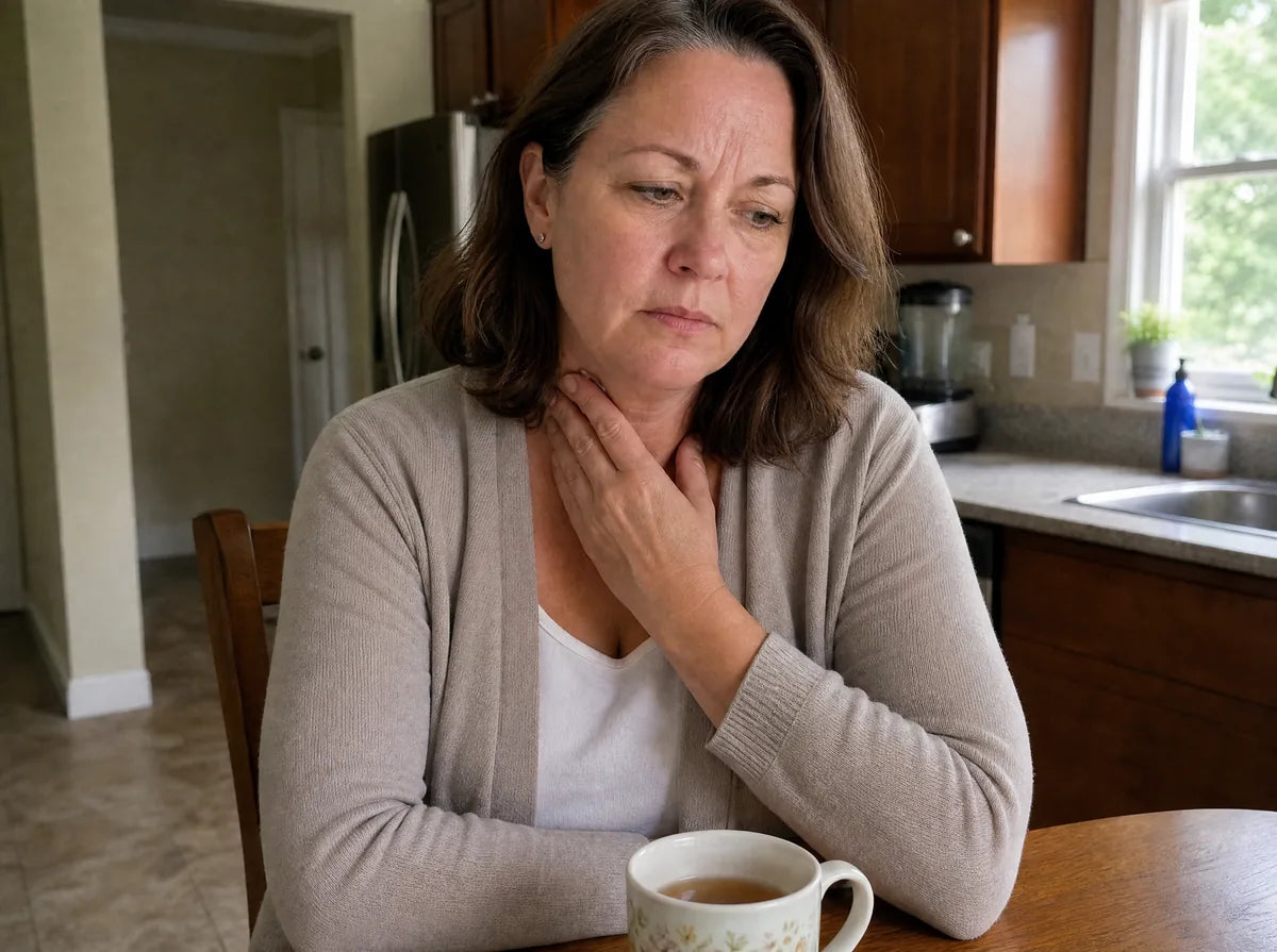 Woman resting her fingertips against her throat, swallowing uncomfortably