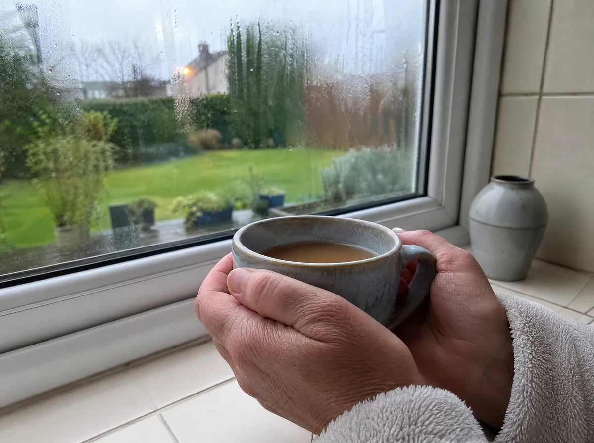 Hands holding a warm mug of tea at a kitchen window in the morning