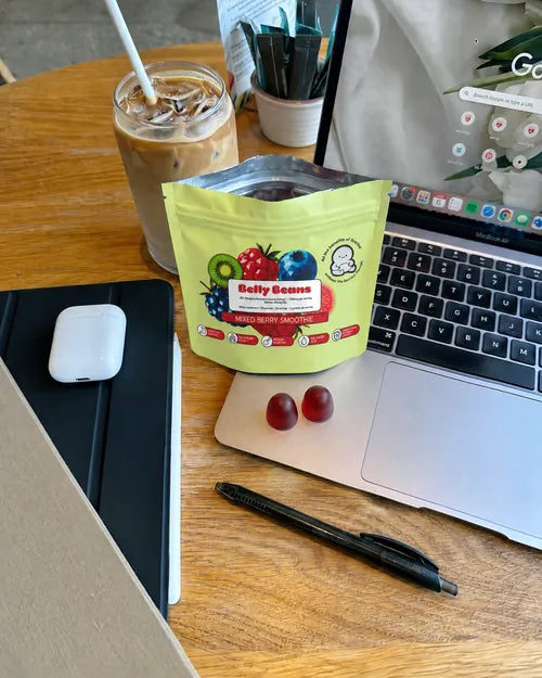 Belly Beans pouch on a work desk
