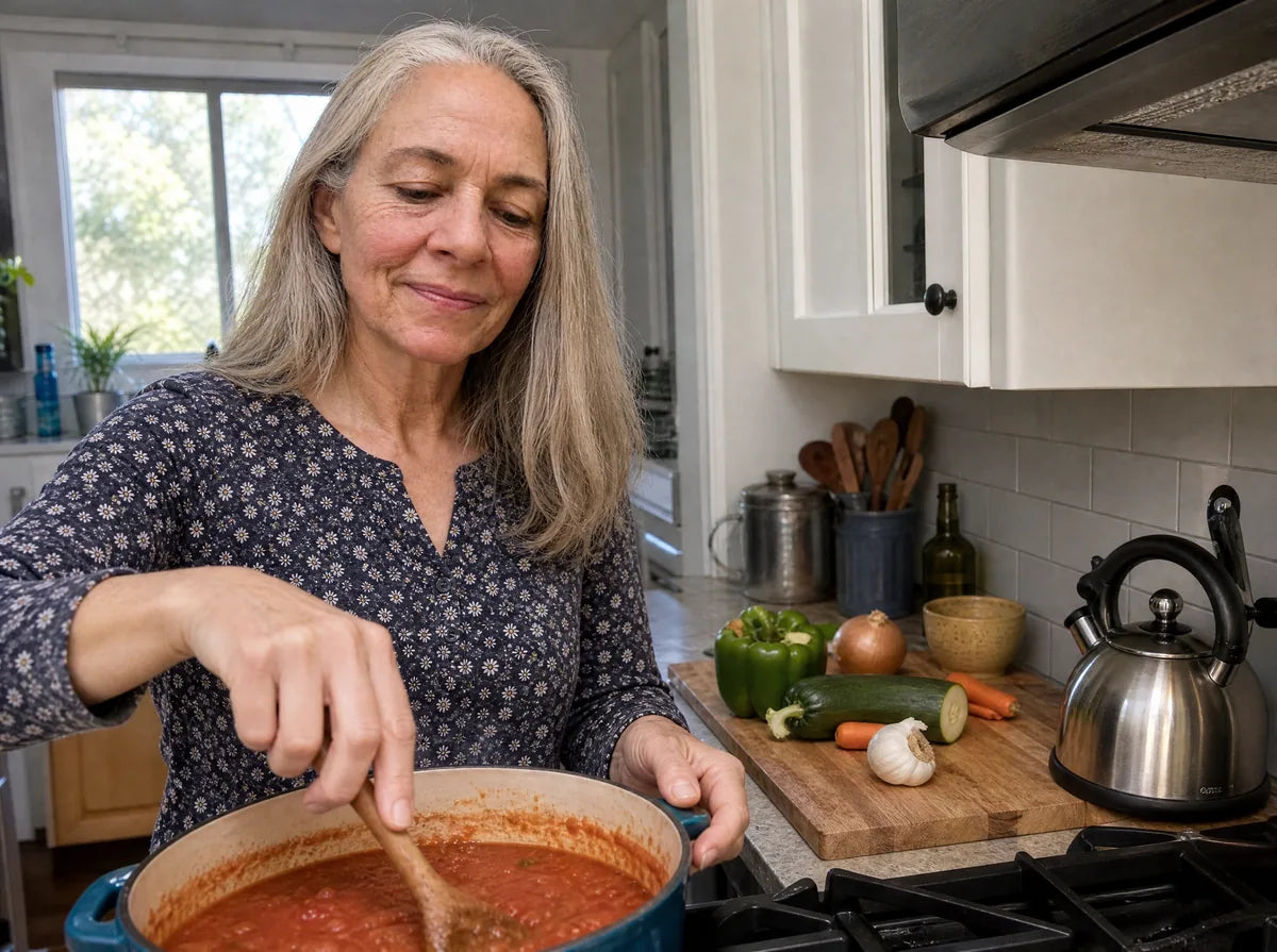 Woman in her sixties cooking tomato sauce again after coming off PPIs