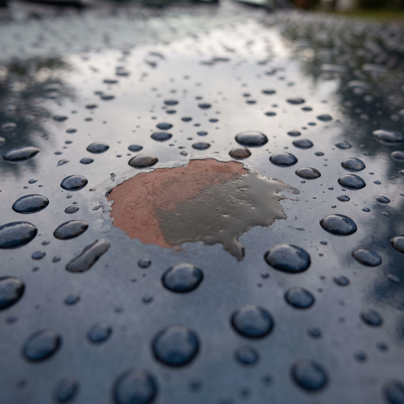 Rain beading off an intact clear coat but soaking into one worn-through bare patch