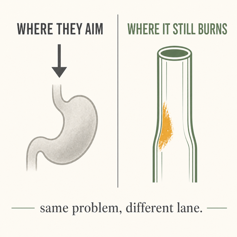 Acid reducers aim at the acid while the worn patch on the food pipe sits in a different lane
