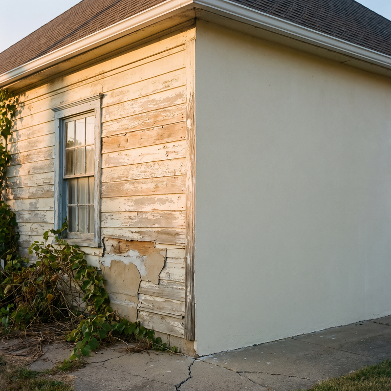 A weathered wall worn thin on one side, the same wall smooth on the shaded side