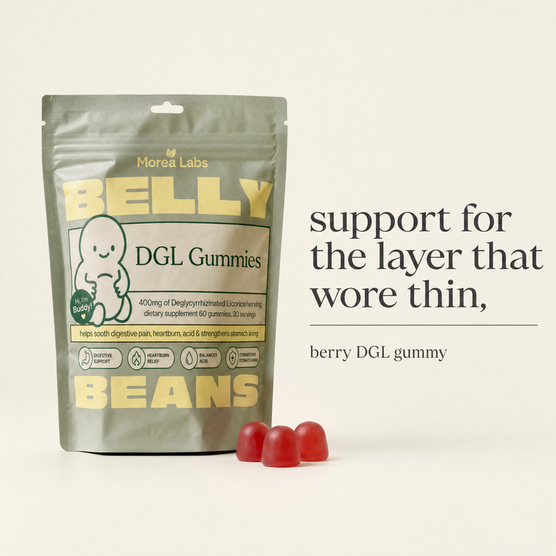 Belly Beans berry DGL gummies, support for the protective layer that wore thin