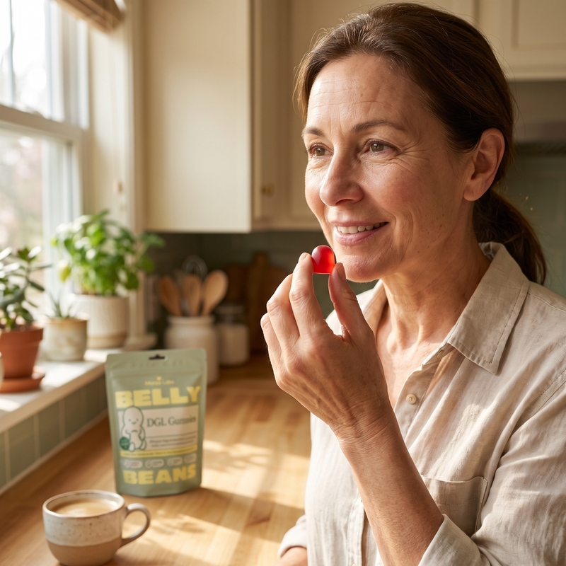 A woman taking a Belly Beans berry DGL gummy at her kitchen counter in the morning