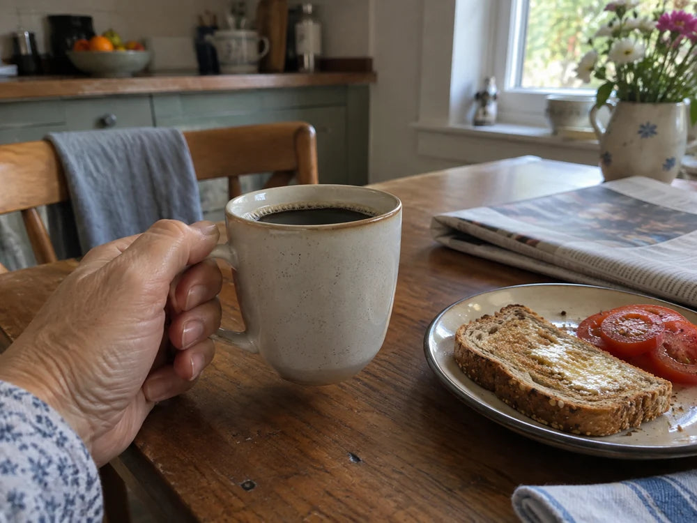 Illustrative breakfast scene with a hand holding coffee beside toast and tomatoes