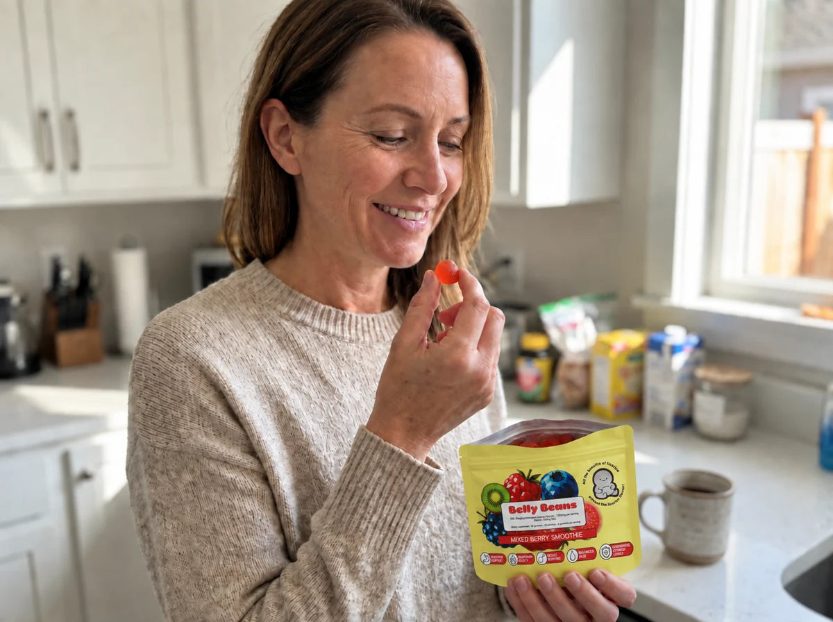 Woman taking a Belly Beans gummy with the new yellow pouch