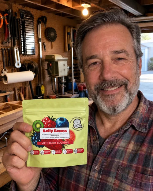 Customer holding a Belly Beans pouch in his workshop