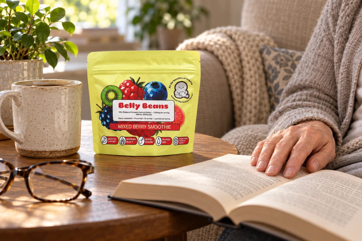 Compact Belly Beans pouch beside a coffee cup and book at home