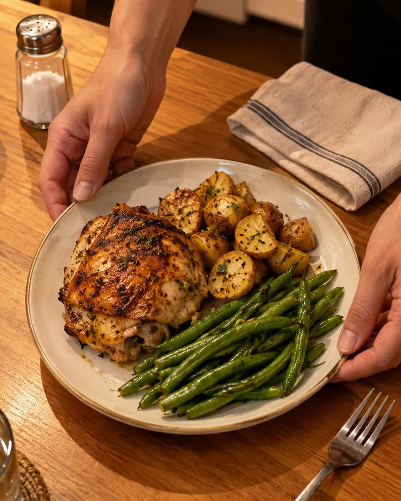 A plate of supper being set down on the kitchen table