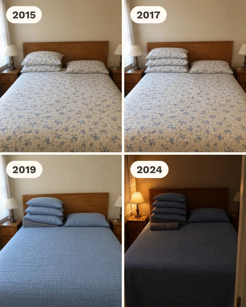 The same bed in 2015, 2017, 2019 and 2024. The pillows on one side keep piling up.