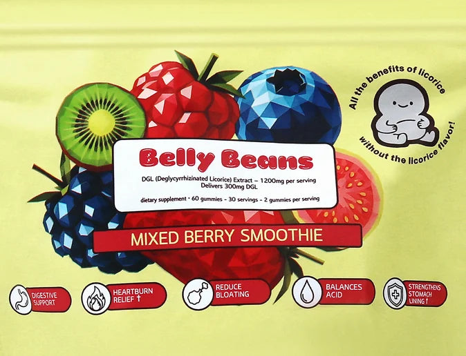 An open pouch of Belly Beans on a kitchen counter with the berry gummies spilling out