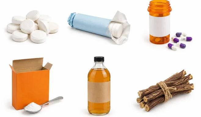 Chalky tablets, antacid rolls, pill bottles, baking soda, vinegar and licorice root